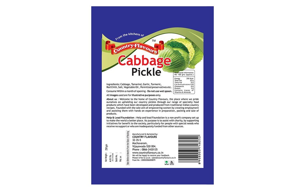 Country Flavours Cabbage Pickle    Pack  250 grams